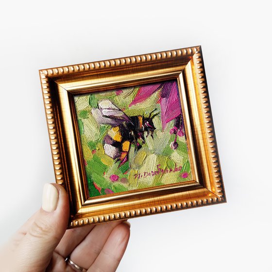 Bumble bee decorations painting original 3x3, Bumble bee art tiny painting, Green painting small framed gift for girlfriend