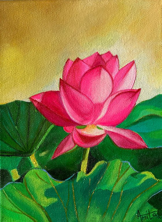Sunkissed pink lotus! Small ready to hang painting