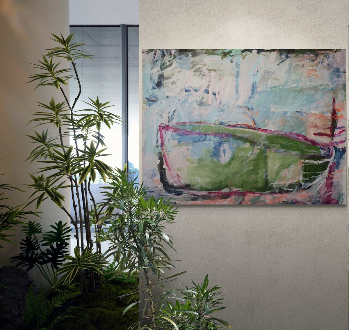 Organic Abstract Acrylic Painting By Jutta Widrinsky, 51 X 39", Captain Nemo Disembarks, Original Artwork