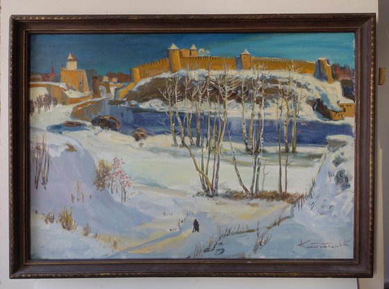 Ivangorod fortress, winter castle in the snow