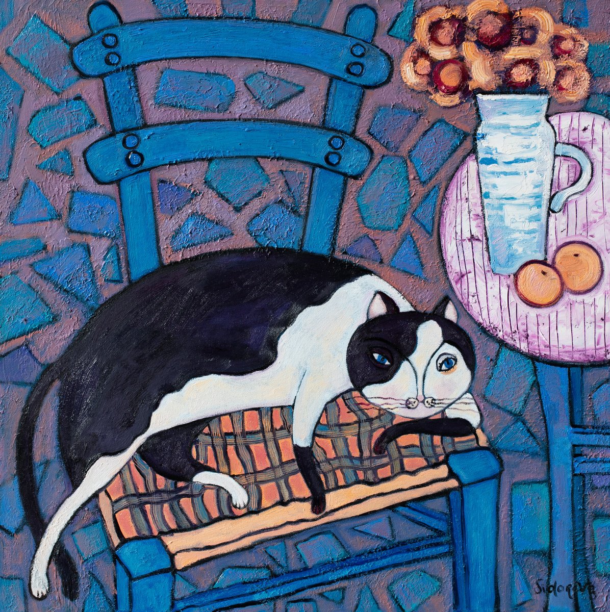 Cat on Blue Chair by Yelena Sidorova