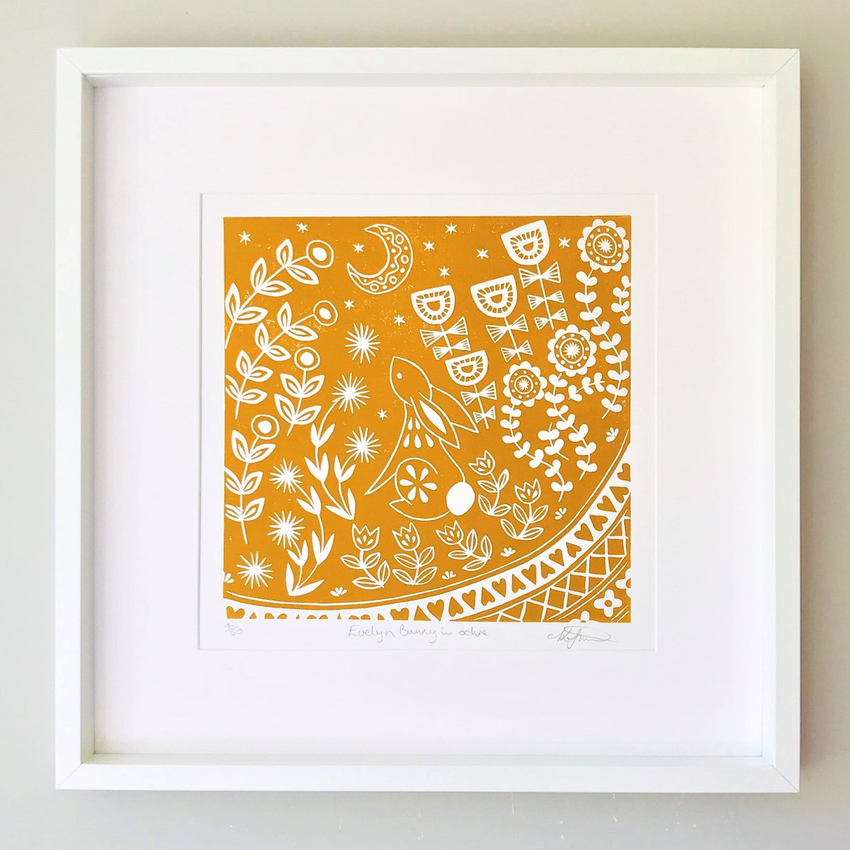 Evelyn Bunny in ochre, limited edition, Scandinavian Folk Art, linocut print by Katie Farrell