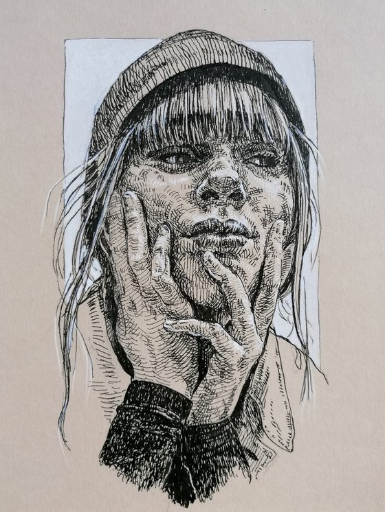 Beautiful stranger. Woman portrait. Portrait on paper. Ink portrait drawing.