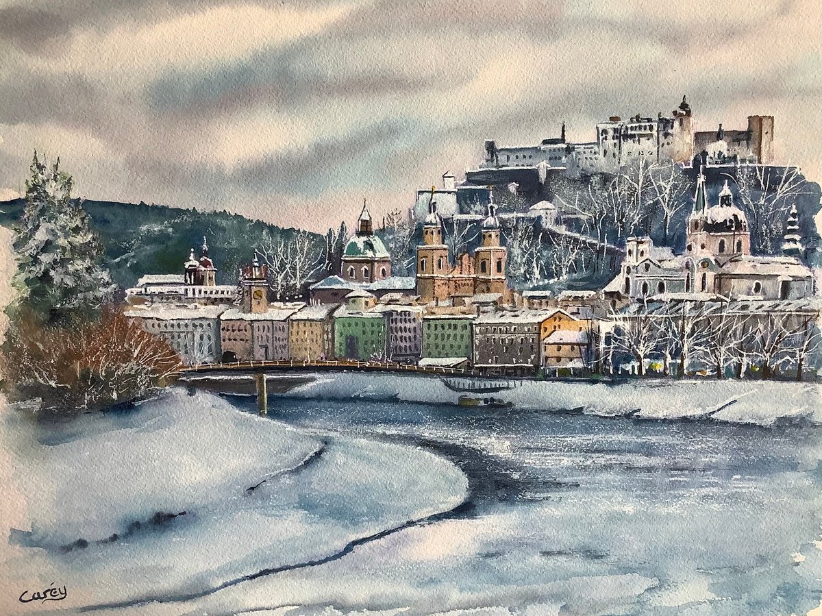 Impressionistic Landscape Watercolour By Darren Carey, 15 X 11, Salzburg Winter Scene, Original Artwork