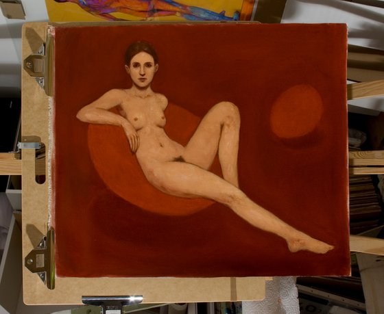 woman on a red sofa