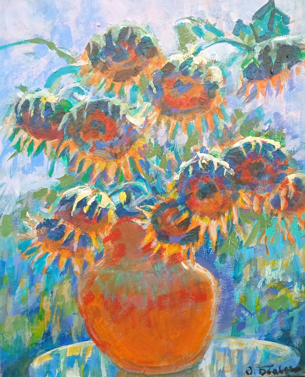 Impressionistic Botanical Acrylic Painting By Oleksandr Bielskyi, 16 X 20", Sunflowers, Original Artwork