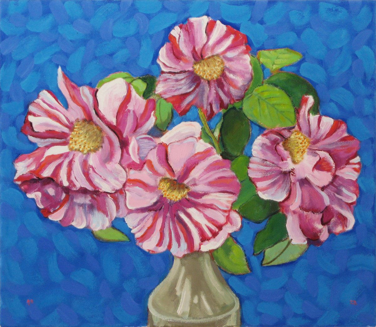 Botanical Oil Painting By Richard Gibson, 14 X 16", Roses Against Blue, Original Artwork