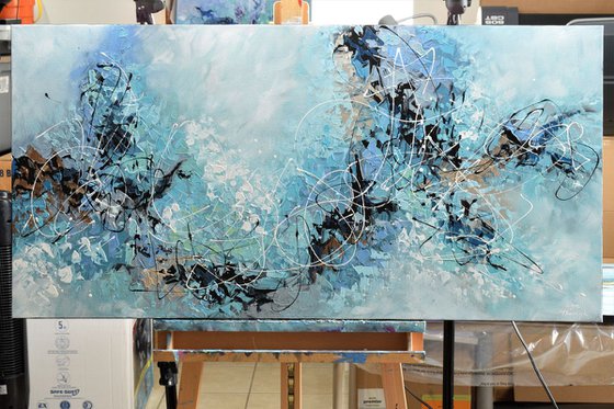 Morning Mist 24"x48" - Large Blue Acrylic  Abstract Painting