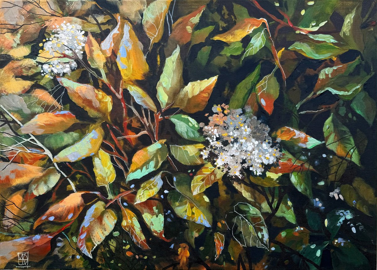 Impressionistic Botanical Acrylic Painting By Maria Kireev, 28 X 20", Between Summer And Fall, Original Artwork