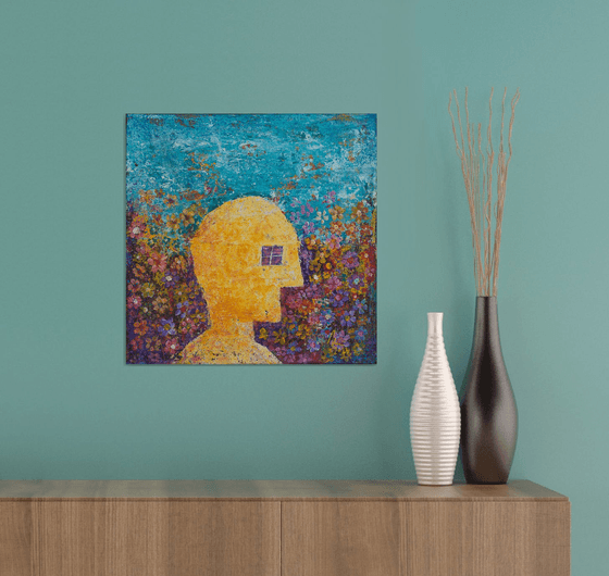 Window-eyed Man in the Vibrant Garden - Abstract painting