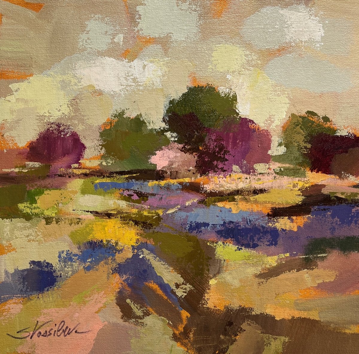 Expressive Landscape Acrylic Painting By Silvia Vassileva, 15 X 15", Wild Flower Bloom I, Original Artwork