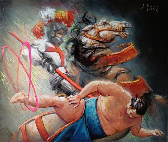 Wrathful knight slaying the Sumotori with hula hoops