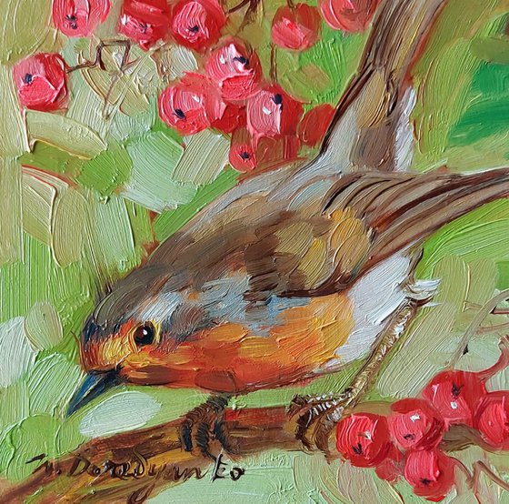 Robin bird on brunch art painting, Miniature painting 4x4 bird painting original, Gift for dad