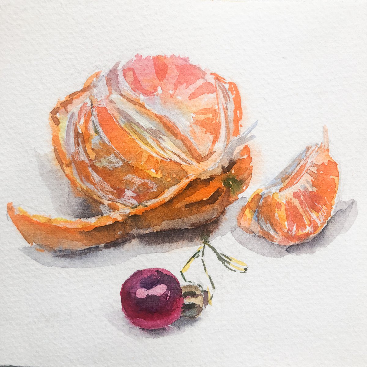 Tangerine with christmas ball | little watercolor etude by Nataliia Nosyk