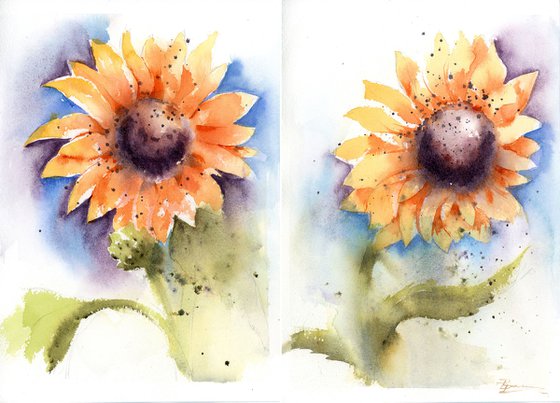 Set of 2 sunflowers (7"x10")x2 original watercolor paintings