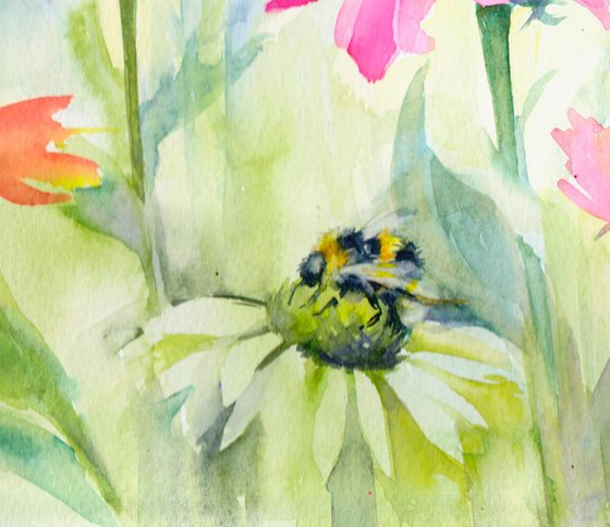 Bees & Echinaceas, Original watercolour painting