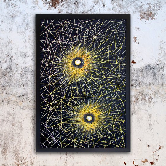 "String Theory" - Original PMS Artwork Abstract Cosmic Oil Painting on Wood, Framed - 26" x 38"