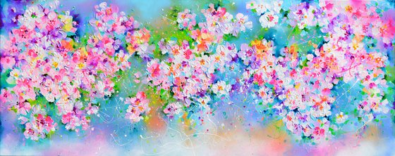 Sakura Colorful Cherry Tree Blossom - 150x60 cm, Palette Knife Modern Ready to Hang Floral Painting - Flowers Field Acrylics Painting