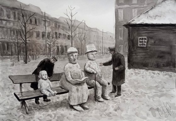 Men bothering some snowmen