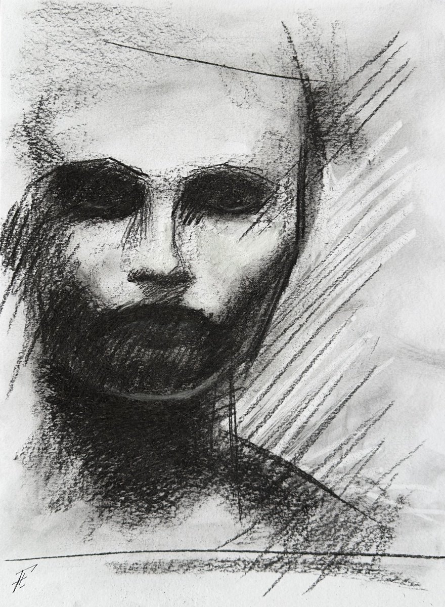 Expressive Portrait Charcoal Drawing By Nikola Gulev, 12 X 17", "Solitude", Original Artwork