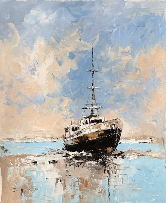 Waiting for the Tide. The Old Trawler, ship.