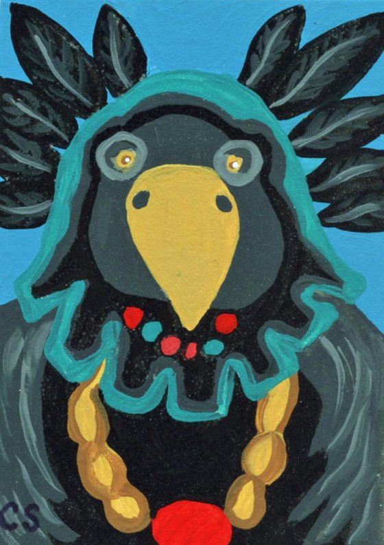 ACEO ATC Original Miniature Painting Kachina Doll Crow Raven Mother Art-Carla Smale