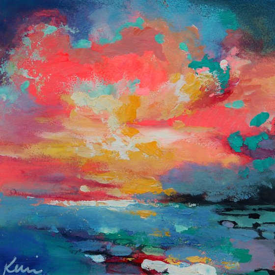 Sunset on the Coast 8x8" Small Ocean and Sky Scene on Paper
