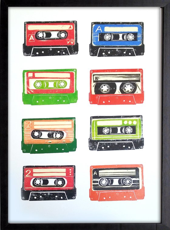 Linocut tapes #42 - framed and ready to hang (cassette tapes, retro music, 70's, 80's rock culture)