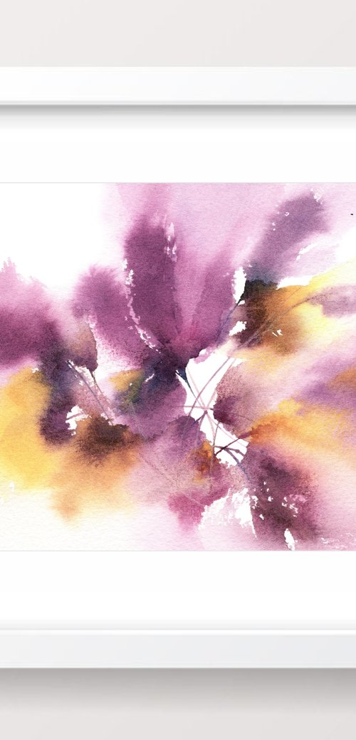 Small floral painting with abstract purple flowers by Olga Grigo