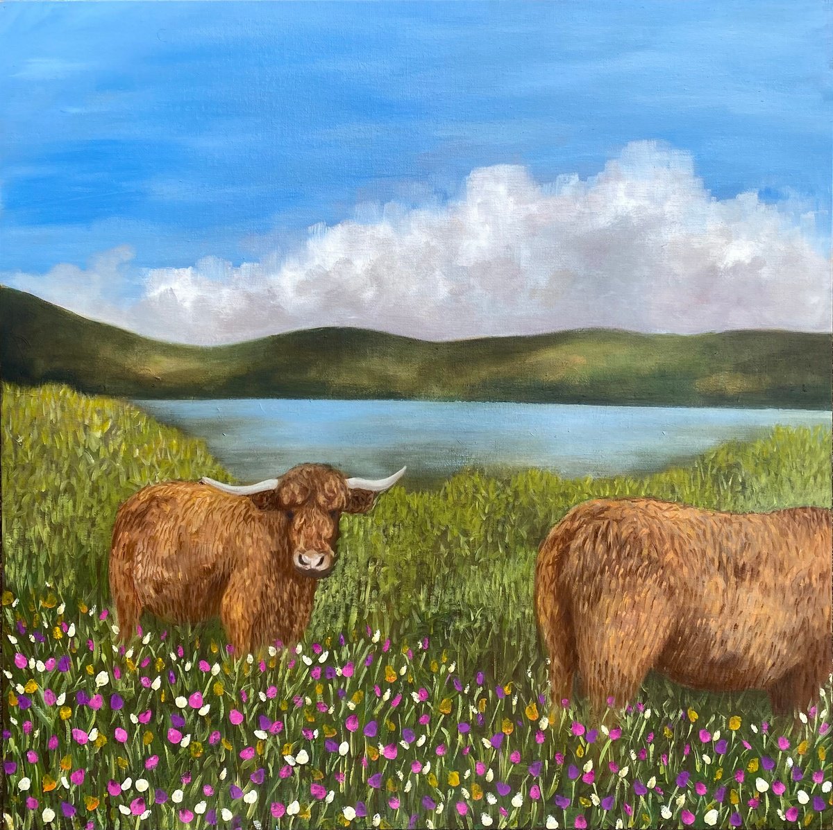 Photorealistic Landscape Oil Painting By Stevie Nicholson, 20 X 20", Scottish Highland Cows, Original Artwork