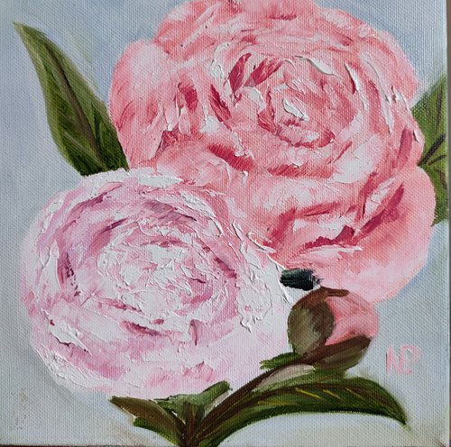 Peonies for her, small, gift, flowers, original floral oil painting by Nataliia Plakhotnyk