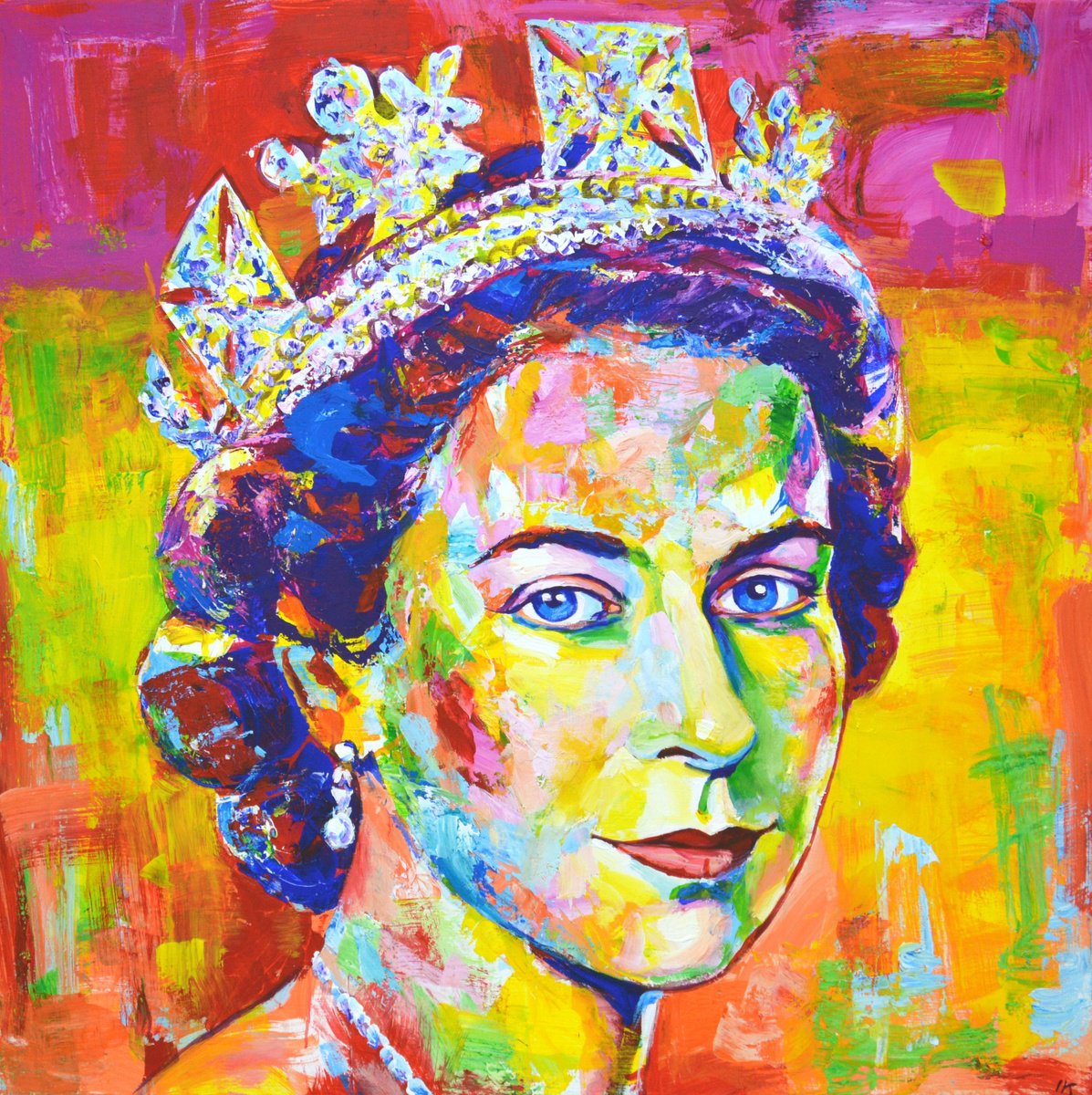 Expressive Portrait Acrylic Painting By Iryna Kastsova, 39 X 39, Queen Elizabeth Ii., Original Artwork