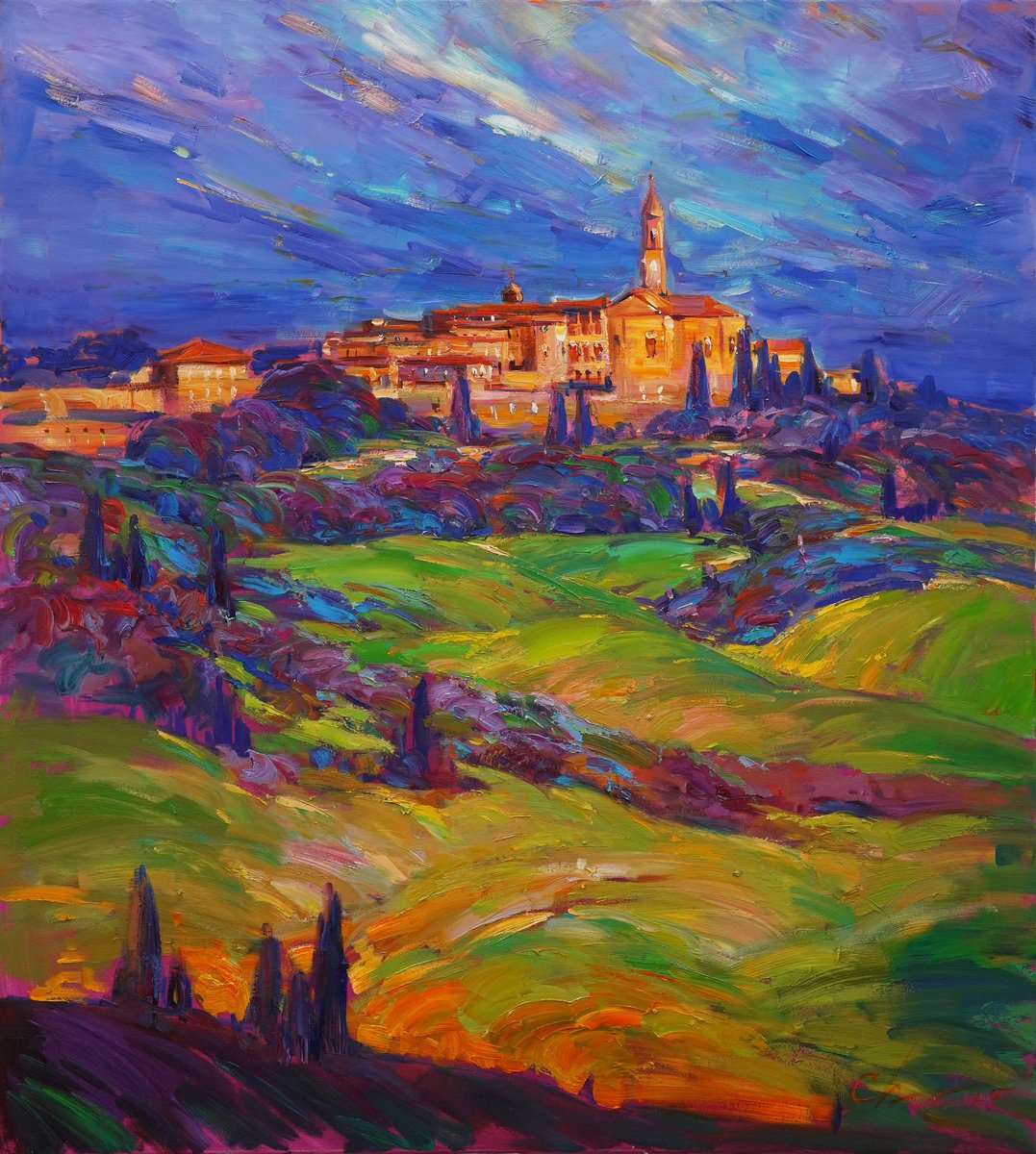 Impressionistic Landscape Oil Painting By Serhii Cherniakovskyi, 33 X 37", Pienza Val D