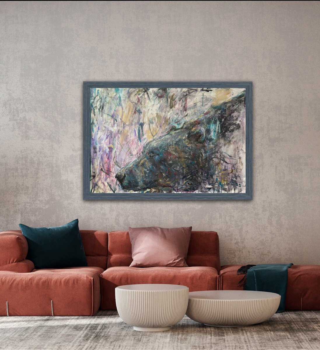 Abstract Animal Acrylic Painting By Liubou Sas, 47 X 33", Digs, Original Artwork