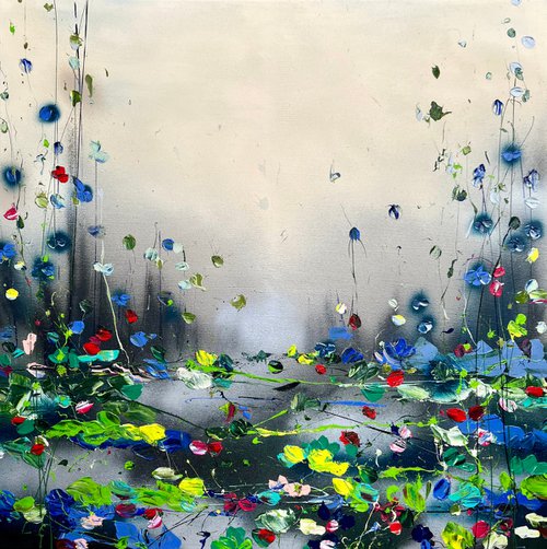 Square acrylic painting "Deep Water II" with flowers by Anastassia Skopp