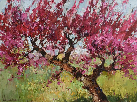 Flowering peach impasto oil painting
