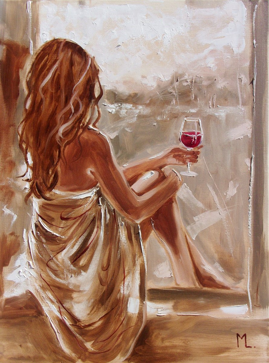 Expressive Portrait Oil Painting By Monika Luniak, 24 X 31", " My View In Window With Red Wine ", Original Artwork