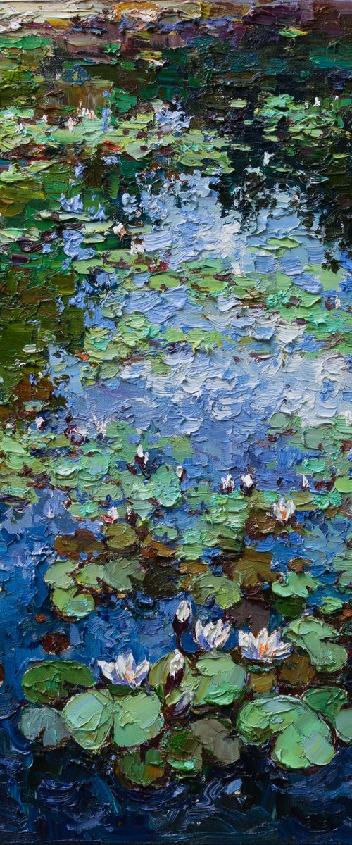 White Water Lilies - Impasto Original Oil painting by Anastasiia Valiulina