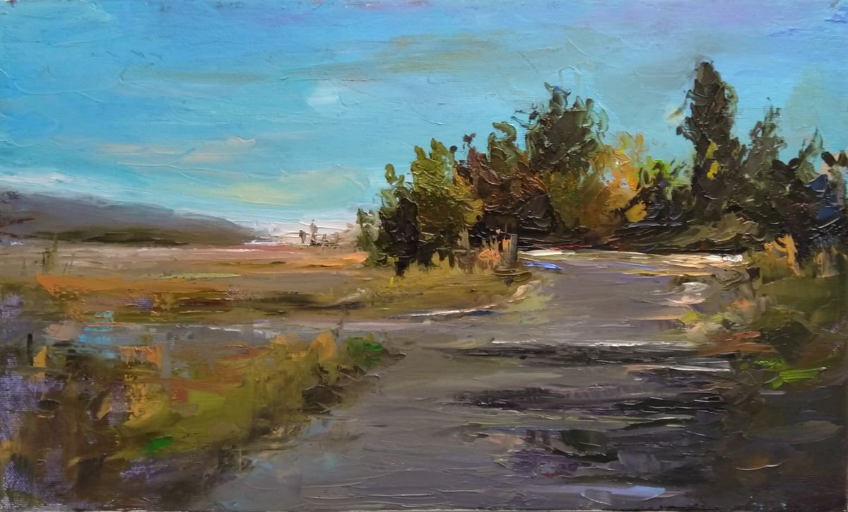 Impressionistic Landscape Oil Painting By Kamsar Ohanyan, 20 X 12", Village Place, Original Artwork