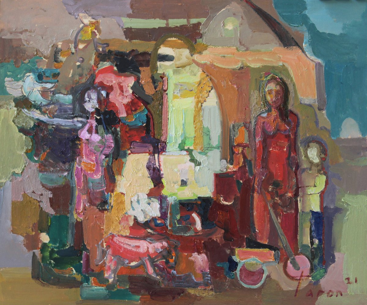 Abstract Oil Painting By Taron Khachatryan, 16 X 13", Family Walk, Original Artwork