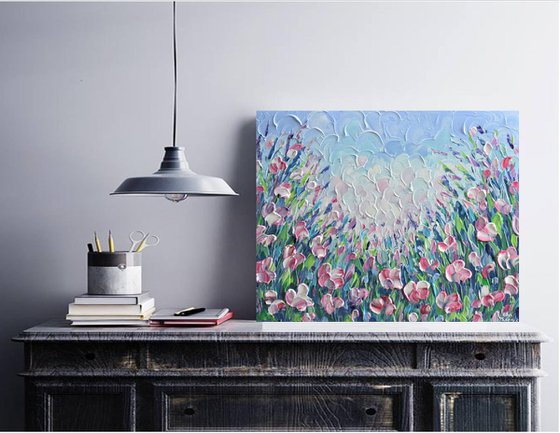 Pink flower field 16"x20" - Impasto acrylic painting