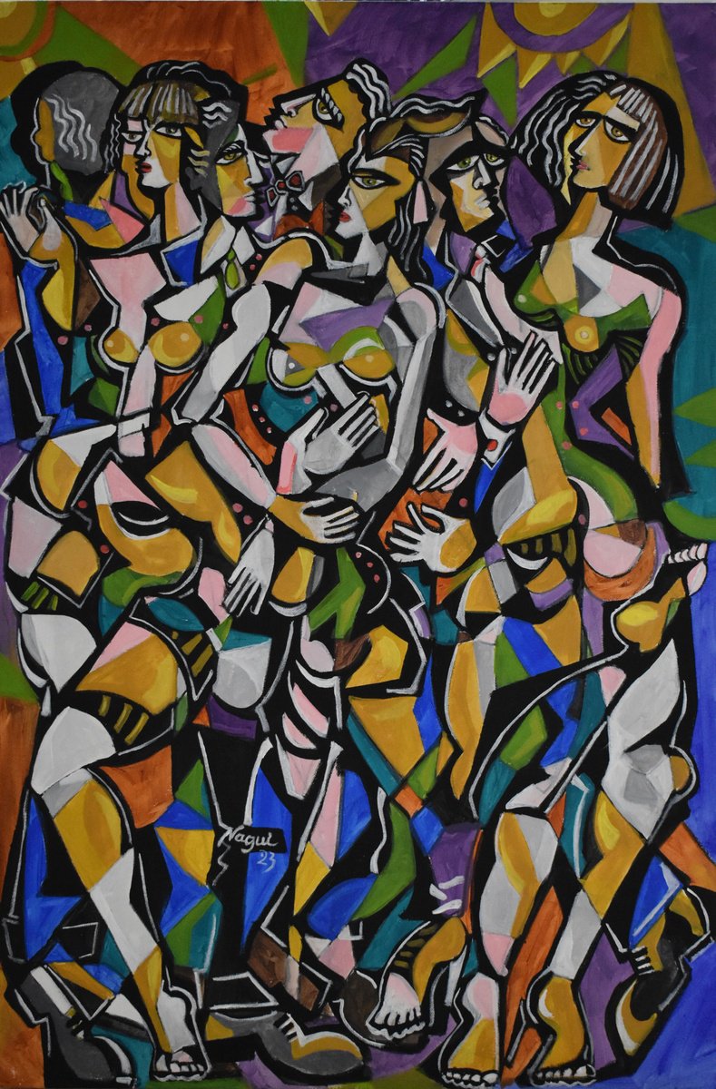 Expressive Portrait Acrylic Painting By Nagui, 24 X 36", The Party 2023, Original Artwork