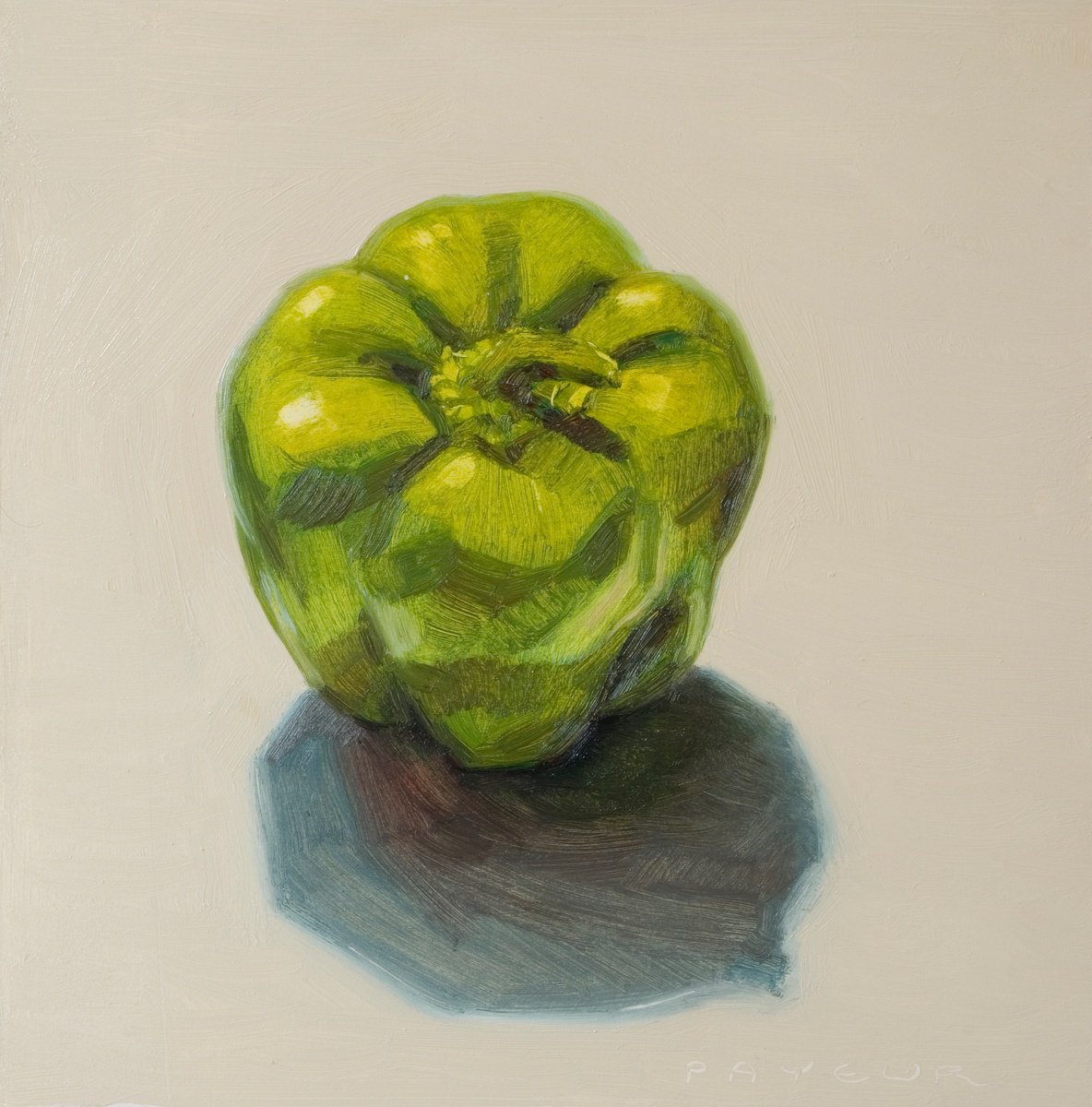 Impressionistic Still Life Oil Painting By Olivier Payeur, 10 X 10", Green Pepper On White, Original Artwork