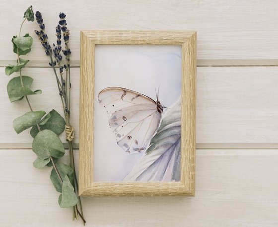 White Butterfly ORIGINAL Watercolor Painting - Minimalism Art