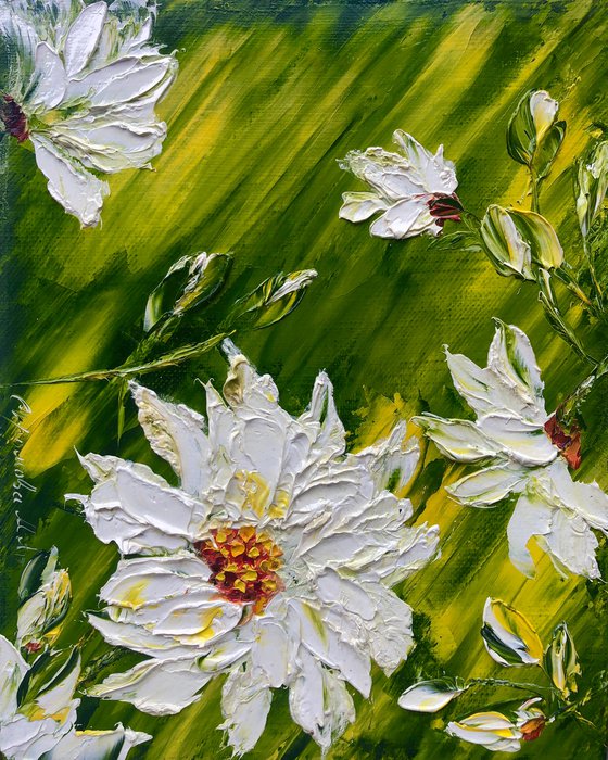 MACRO CHAMOMILE - White chamomile. 3d flowers. Three-dimensional painting.  A big flower. White color. Petals. Greens. Flowers. Grass. Field.