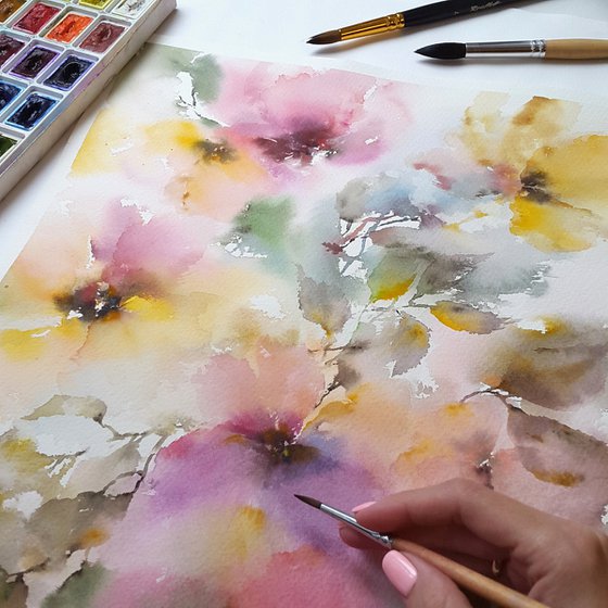 Bright multicolored bouquet, watercolor flower painting "Flower breeze"
