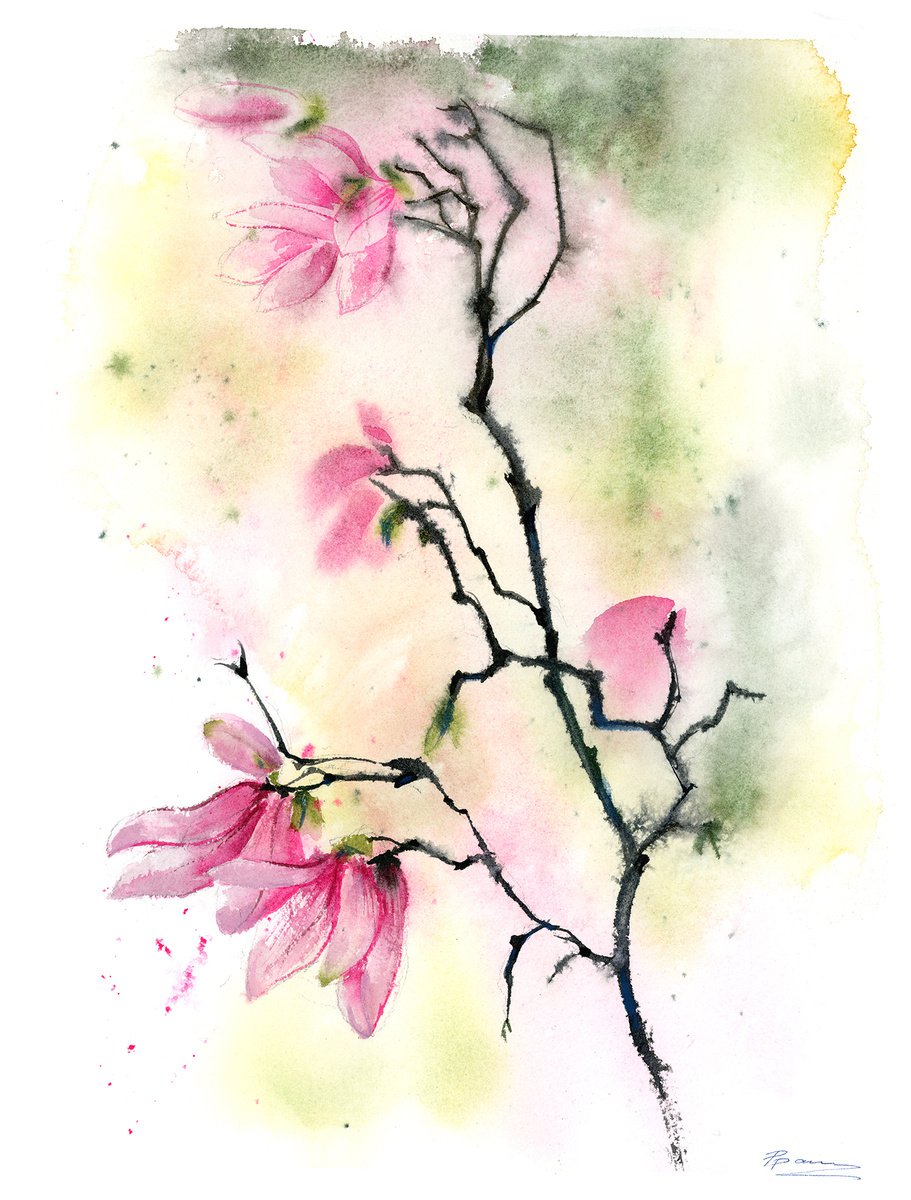 Magnolia Branch (1)  -  Original Watercolor Painting by Olga Shefranov (Tchefranova)