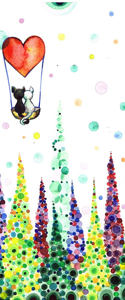 CATS above the MULTI COLOUR TREES in the Love Heart Balloon by Diana Aleksanian