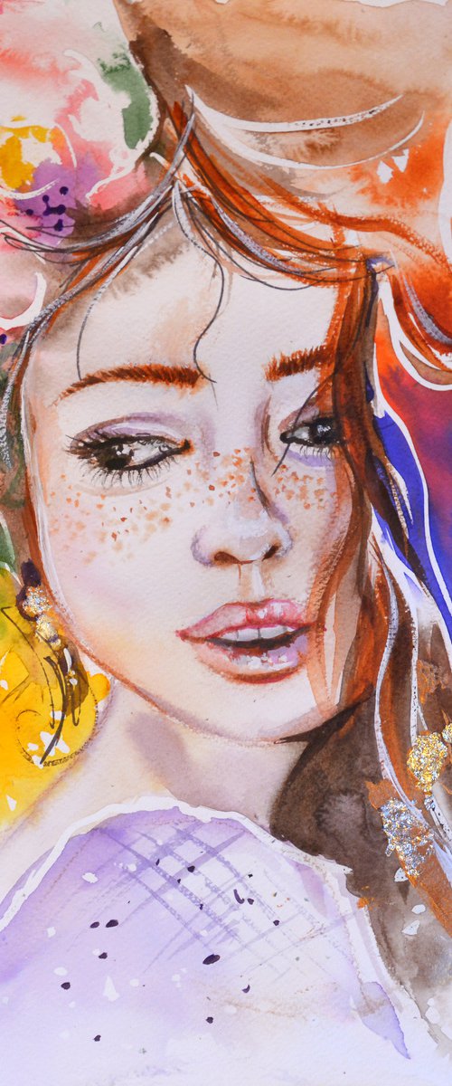 Original watercolor art, Woman portrait by Annet Loginova