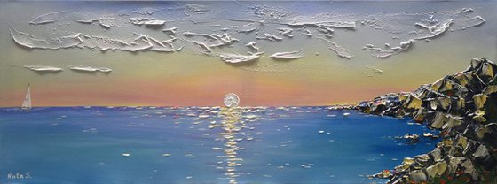 Ocean Pink Sunrise Painting, Original Impasto Ocean Coast Painting